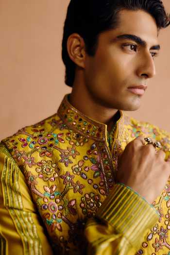 Buy_Amaare_Yellow Silk, Chanderi Sequins, Kanvraj Hand Embroidered Raw Bundi And Kurta Set _Online_at_Aza_Fashions