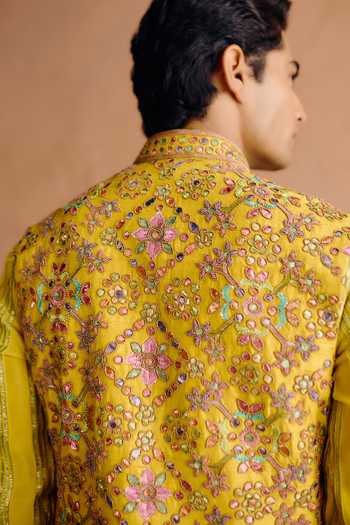 Shop_Amaare_Yellow Silk, Chanderi Sequins, Kanvraj Hand Embroidered Raw Bundi And Kurta Set _Online_at_Aza_Fashions