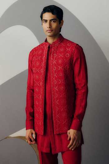 Shop_Amaare_Red Silk, Chanderi, Wool Embroidery, Sequins, Raktavajra Bundi And Kurta Set _Online_at_Aza_Fashions