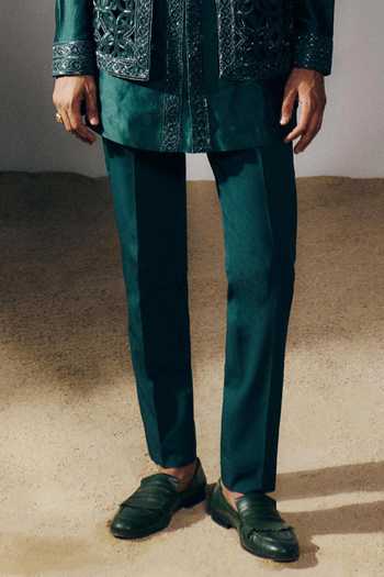 Amaare_Green Silk, Chanderi, Wool Beads, Cut Work Prana Embroidered Bundi And Kurta Set _Online_at_Aza_Fashions