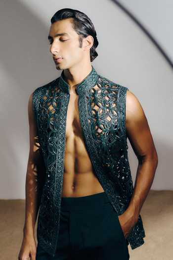 Buy_Amaare_Green Silk, Chanderi, Wool Beads, Cut Work Prana Embroidered Bundi And Kurta Set _Online_at_Aza_Fashions