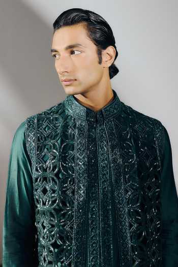 Shop_Amaare_Green Silk, Chanderi, Wool Beads, Cut Work Prana Embroidered Bundi And Kurta Set _Online_at_Aza_Fashions