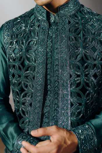 Amaare_Green Silk, Chanderi, Wool Beads, Cut Work Prana Embroidered Bundi And Kurta Set _at_Aza_Fashions