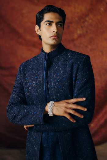 Buy_Amaare_Blue Silk, Chanderi, Wool Sequins, Beads, Akshobhya Embroidered Bandhgala Set _Online_at_Aza_Fashions