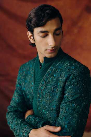 Amaare_Green Silk, Chanderi, Wool Gota Patti, Samyak Embroidered Bandhgala Set _Online_at_Aza_Fashions
