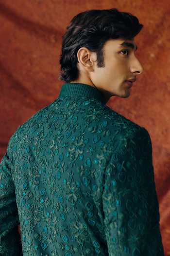 Buy_Amaare_Green Silk, Chanderi, Wool Gota Patti, Samyak Embroidered Bandhgala Set _Online_at_Aza_Fashions