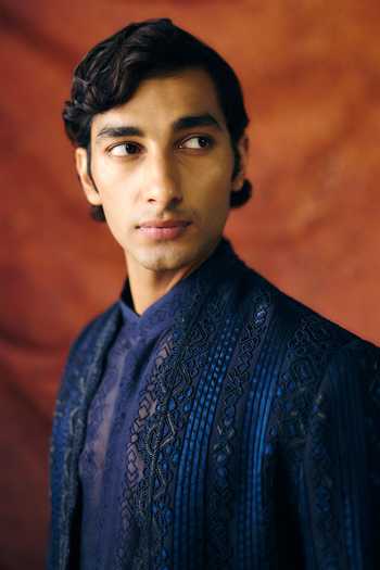 Buy_Amaare_Blue Silk, Organza, Wool Embroidery, Sequins, Yantra Sherwani And Kurta Set _Online_at_Aza_Fashions