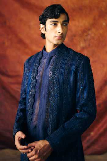 Shop_Amaare_Blue Silk, Organza, Wool Embroidery, Sequins, Yantra Sherwani And Kurta Set _Online_at_Aza_Fashions