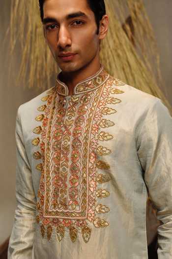Amaare_Blue Silk, Chanderi, Tissue Gota Patti, Beads Sarab Yoke Embroidered Kurta Set _Online_at_Aza_Fashions