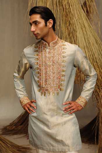 Amaare_Blue Silk, Chanderi, Tissue Gota Patti, Beads Sarab Yoke Embroidered Kurta Set _at_Aza_Fashions
