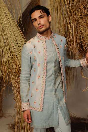 Buy_Amaare_Blue Silk, Tissue, Wool Gota Patti, Beads Barkat Embroidered Bundi And Kurta Set _Online_at_Aza_Fashions