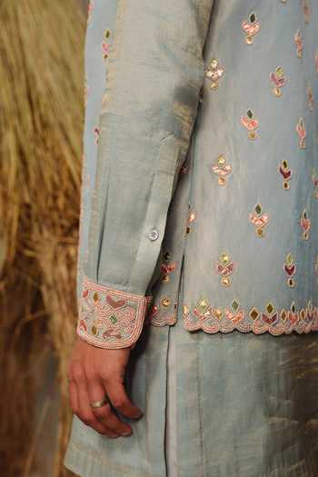Shop_Amaare_Blue Silk, Tissue, Wool Gota Patti, Beads Barkat Embroidered Bundi And Kurta Set _Online_at_Aza_Fashions