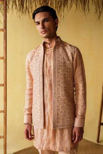 Shop_Amaare_Pink Silk, Tissue, Wool Gota Patti, Beads Kirpa Embroidered Bundi And Kurta Set _Online_at_Aza_Fashions