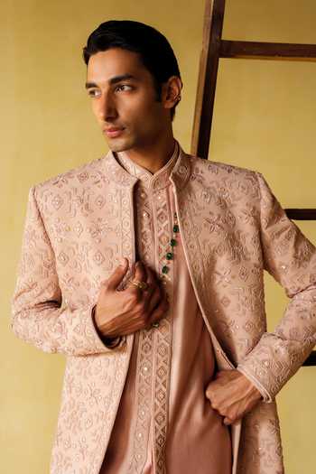 Buy_Amaare_Pink Silk, Wool Gota Patti, Beads Rehmat Embroidered Sherwani Set _Online_at_Aza_Fashions