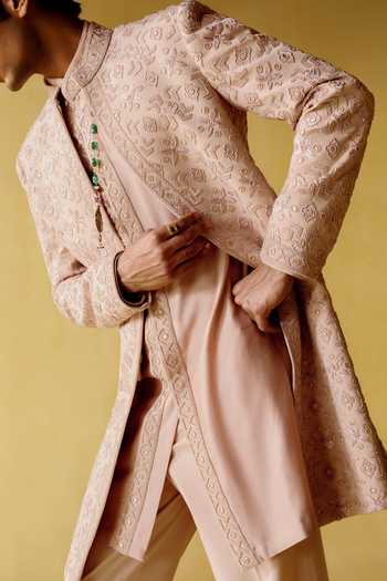 Shop_Amaare_Pink Silk, Wool Gota Patti, Beads Rehmat Embroidered Sherwani Set _Online_at_Aza_Fashions