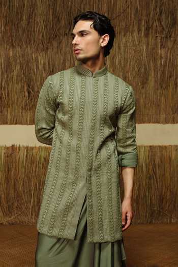 Buy_Amaare_Green Chanderi, Silk Satin Beads, Gota Patti Embroidered Kurta And Dhoti Pant Set _Online_at_Aza_Fashions