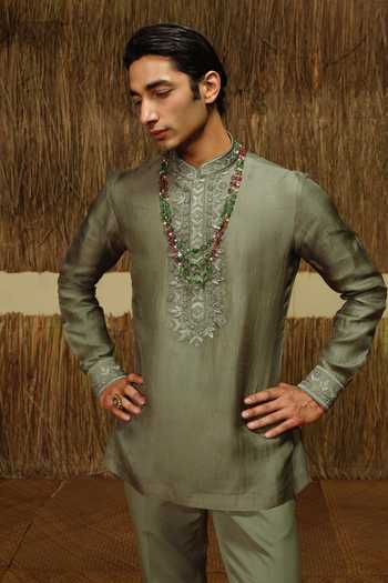 Amaare_Green Silk, Chanderi, Wool Embroidery, Beads, Gota Saan Hand Bandhgala Set _Online_at_Aza_Fashions