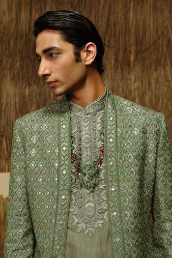 Buy_Amaare_Green Silk, Chanderi, Wool Embroidery, Beads, Gota Saan Hand Bandhgala Set _Online_at_Aza_Fashions
