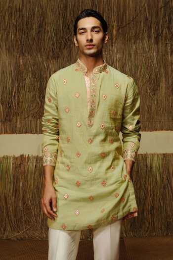 Buy_Amaare_Green Silk, Chanderi Embroidery, Beads, Gota Patti Simar Bundi And Kurta Set _Online_at_Aza_Fashions