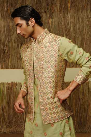 Shop_Amaare_Green Silk, Chanderi Embroidery, Beads, Gota Patti Simar Bundi And Kurta Set _Online_at_Aza_Fashions