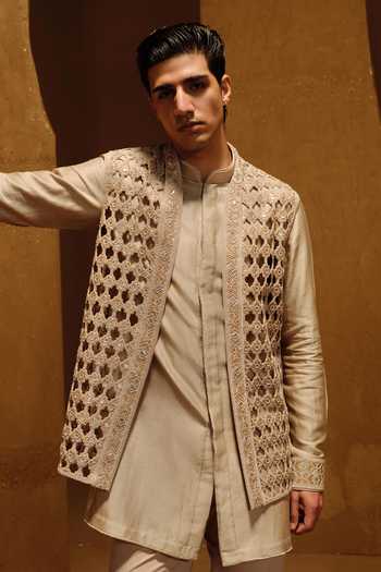 Buy_Amaare_Beige Silk, Organza Embroidery, Beads, Cut Work, Gota Noor Bundi And Kurta Set _Online_at_Aza_Fashions
