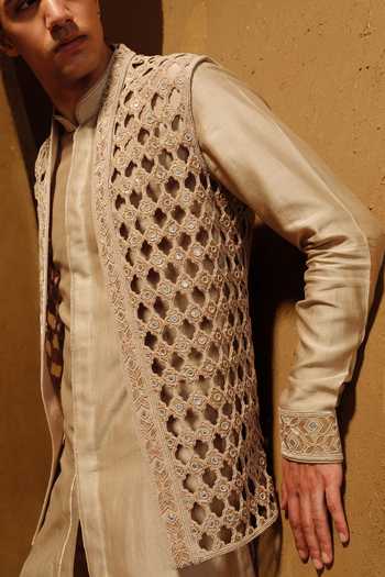 Shop_Amaare_Beige Silk, Organza Embroidery, Beads, Cut Work, Gota Noor Bundi And Kurta Set _Online_at_Aza_Fashions
