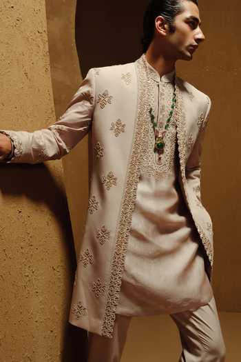 Amaare_Cream Silk, Chanderi, Wool Beads, Gota Patti Anakh Embroidered Sherwani Set _Online_at_Aza_Fashions