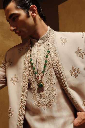 Buy_Amaare_Cream Silk, Chanderi, Wool Beads, Gota Patti Anakh Embroidered Sherwani Set _Online_at_Aza_Fashions