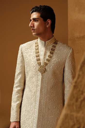Amaare_Ivory Silk, Chanderi Embroidery, Beads Suber Sherwani Set _Online_at_Aza_Fashions