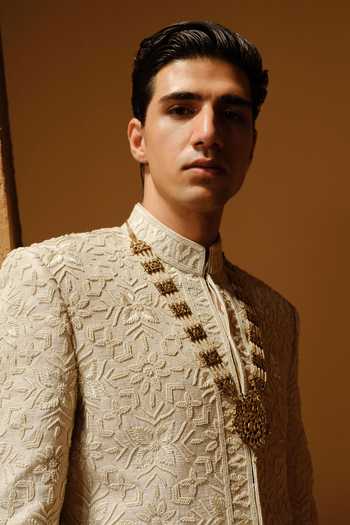 Buy_Amaare_Ivory Silk, Chanderi Embroidery, Beads Suber Sherwani Set _Online_at_Aza_Fashions
