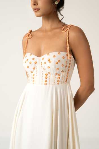 Buy_Baise Gaba_Off White Rayon Embroidery Sweetheart Neck Blooming Dress _Online_at_Aza_Fashions