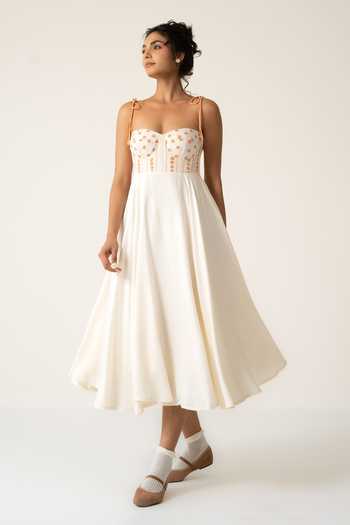 Shop_Baise Gaba_Off White Rayon Embroidery Sweetheart Neck Blooming Dress _Online_at_Aza_Fashions