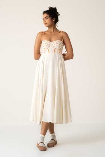 Baise Gaba_Off White Rayon Embroidery Sweetheart Neck Blooming Dress _at_Aza_Fashions