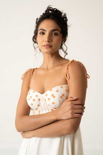 Shop_Baise Gaba_Off White Rayon Embroidery Sweetheart Neck Blooming Dress 