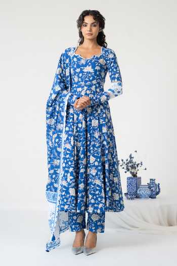 Shop_Baise Gaba_Blue Cotton, Modal Beads, Mirrors Square Neck Nabh Printed Anarkali Set _Online_at_Aza_Fashions
