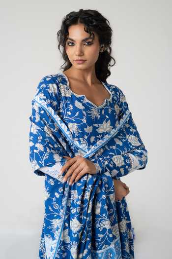 Buy_Baise Gaba_Blue Cotton, Modal Beads, Mirrors Square Neck Nabh Printed Anarkali Set 