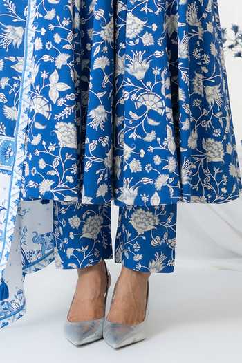 Shop_Baise Gaba_Blue Cotton, Modal Beads, Mirrors Square Neck Nabh Printed Anarkali Set 