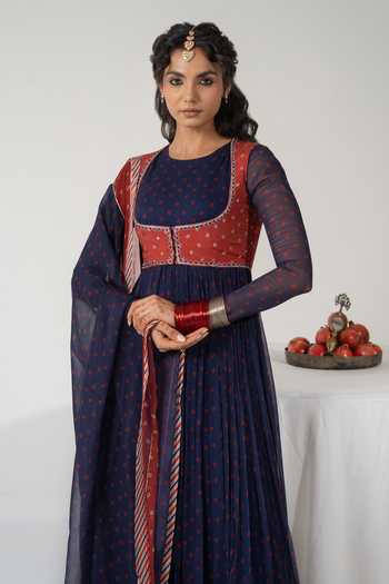 Baise Gaba_Blue Chiffon, Muslin Embroidery Gulnaar Bandhej Print Anarkali Set With Jacket _Online_at_Aza_Fashions