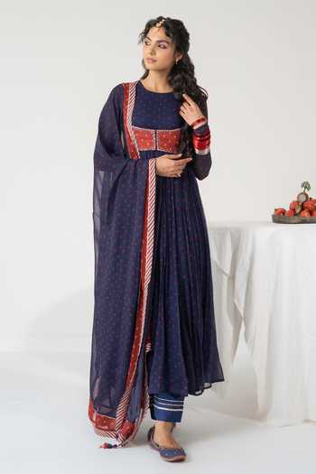 Buy_Baise Gaba_Blue Chiffon, Muslin Embroidery Gulnaar Bandhej Print Anarkali Set With Jacket _Online_at_Aza_Fashions