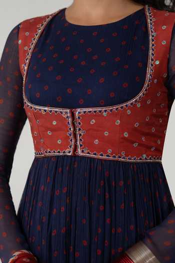 Shop_Baise Gaba_Blue Chiffon, Muslin Embroidery Gulnaar Bandhej Print Anarkali Set With Jacket _Online_at_Aza_Fashions