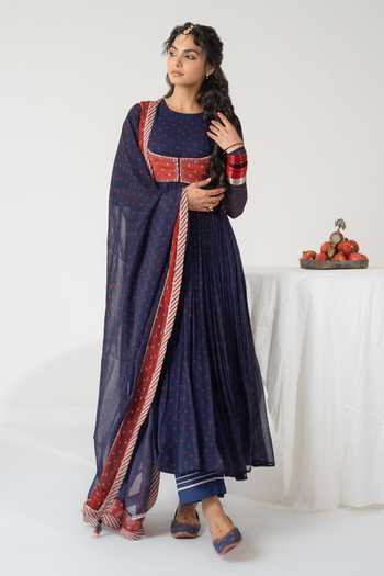 Baise Gaba_Blue Chiffon, Muslin Embroidery Gulnaar Bandhej Print Anarkali Set With Jacket _at_Aza_Fashions