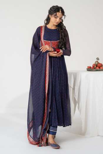 Buy_Baise Gaba_Blue Chiffon, Muslin Embroidery Gulnaar Bandhej Print Anarkali Set With Jacket 