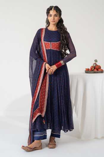 Shop_Baise Gaba_Blue Chiffon, Muslin Embroidery Gulnaar Bandhej Print Anarkali Set With Jacket 