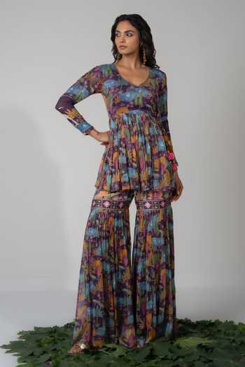 Baise Gaba_Purple Chiffon, Lurex, Satin, Modal Tassels Saras Printed Angarkha And Gharara Set _Online_at_Aza_Fashions