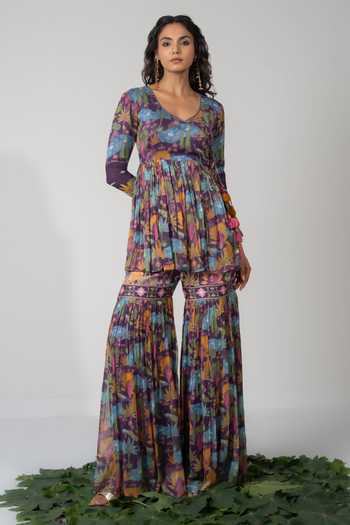 Buy_Baise Gaba_Purple Chiffon, Lurex, Satin, Modal Tassels Saras Printed Angarkha And Gharara Set _Online_at_Aza_Fashions