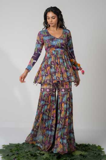 Baise Gaba_Purple Chiffon, Lurex, Satin, Modal Tassels Saras Printed Angarkha And Gharara Set _at_Aza_Fashions