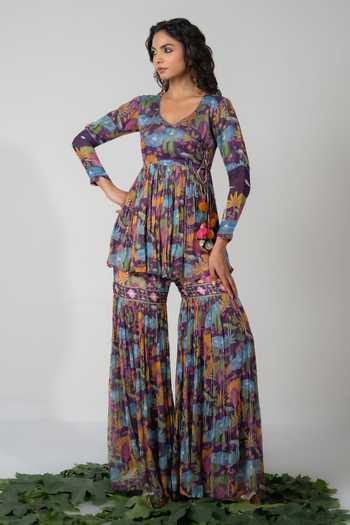 Buy_Baise Gaba_Purple Chiffon, Lurex, Satin, Modal Tassels Saras Printed Angarkha And Gharara Set 