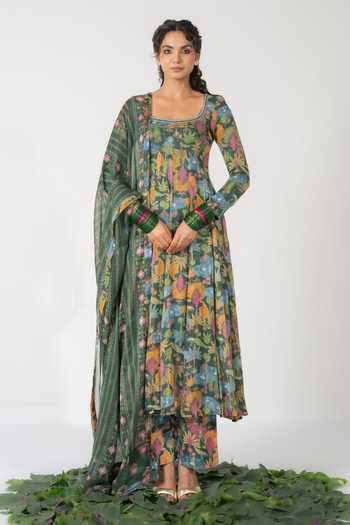 Baise Gaba_Green Chiffon, Lurex, Satin, Modal Embroidery, Vritika Printed Anarkali Set _Online_at_Aza_Fashions