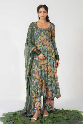 Buy_Baise Gaba_Green Chiffon, Lurex, Satin, Modal Embroidery, Vritika Printed Anarkali Set _Online_at_Aza_Fashions