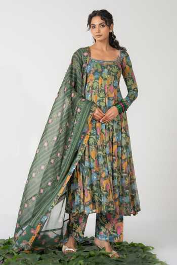 Shop_Baise Gaba_Green Chiffon, Lurex, Satin, Modal Embroidery, Vritika Printed Anarkali Set _Online_at_Aza_Fashions